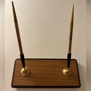 DeskPro Inc handmade, inlaid wood Pen & Pencil Holder, felt bottom*, goldtone